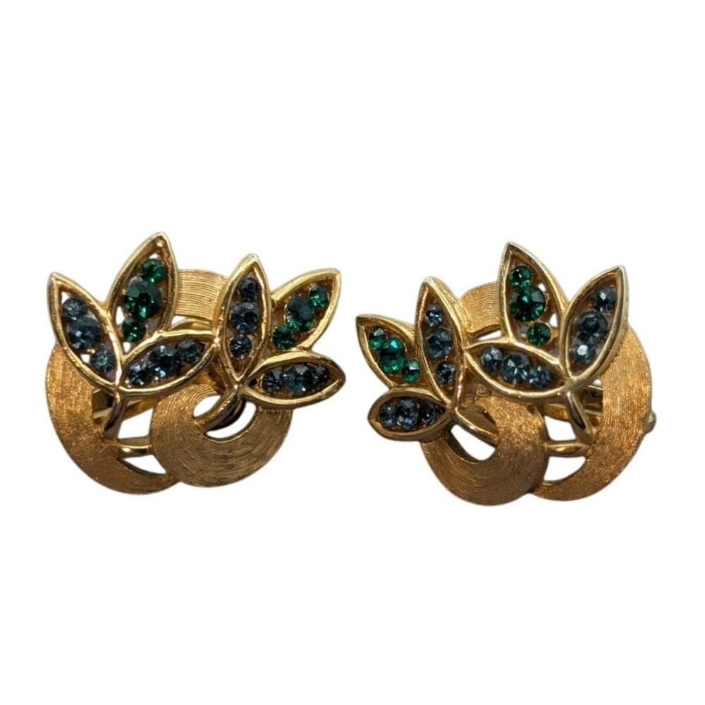 VTG Signed Crown Trifari Blue Green Rhinestone Leaf Brushed Gold Tone Earrings